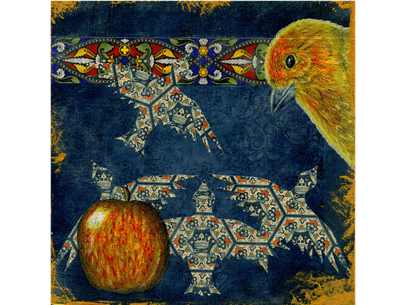 Flaming Finch original drawing and collage on panel