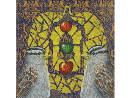 Two White Crowned Sparrows original drawing and collage on panel