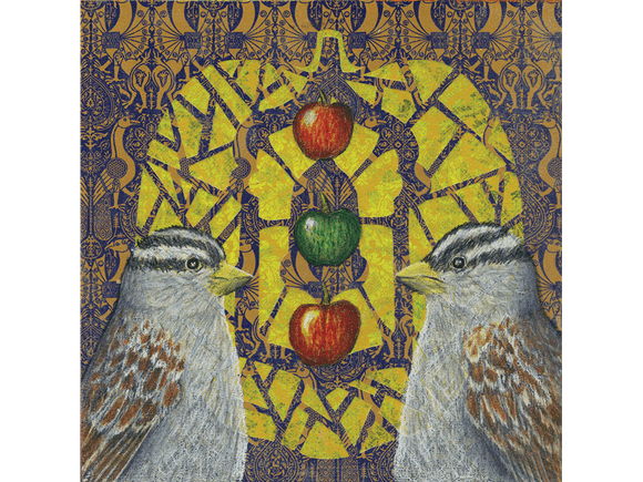 Two White Crowned Sparrows original drawing and collage on panel