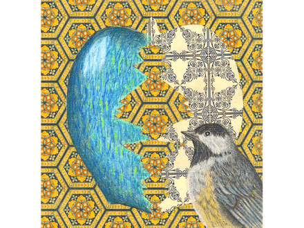 Chickadee original drawing and collage on panel