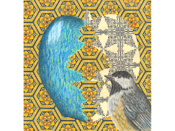 Chickadee original drawing and collage on panel