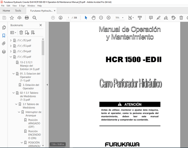 Furukawa Hydraulic Crawler Drill  HCR 1500 1EDII Manual de Operación y Mantenimiento