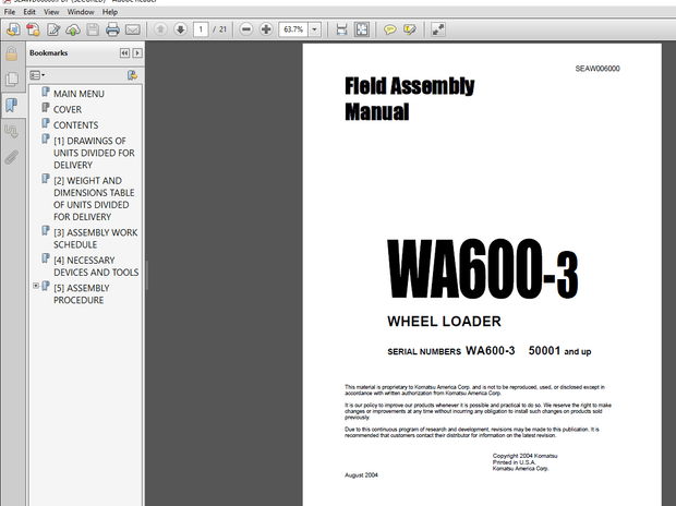 Komatsu Wheel Loader WA600-3 Field Assembly Instruction Manual - PDF DOWNLOAD
