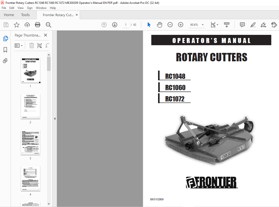 Frontier Rotary Cutters RC1048 RC1060 RC1072 Operator’s Manual(ME300309 ...