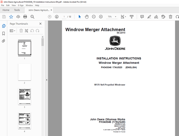 John Deere W170 Self-Propelled Windrower Merger FH343046 Instruction Manual - PDF 