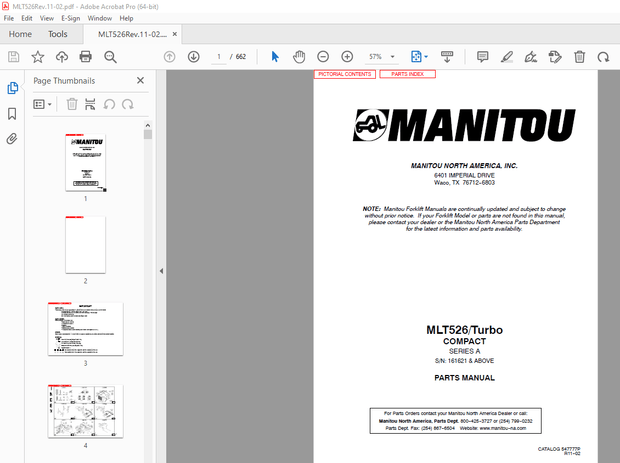 Manitou Forklift MLT526/Turbo COMPACT SERIES A Parts Manual – PDF DOWNLOAD