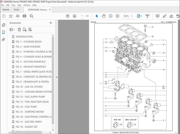 Yanmar 4TNV88C-KMS, 4TNV88C-KMSV Engine Parts Manual 50940248 – PDF DOWNLOAD