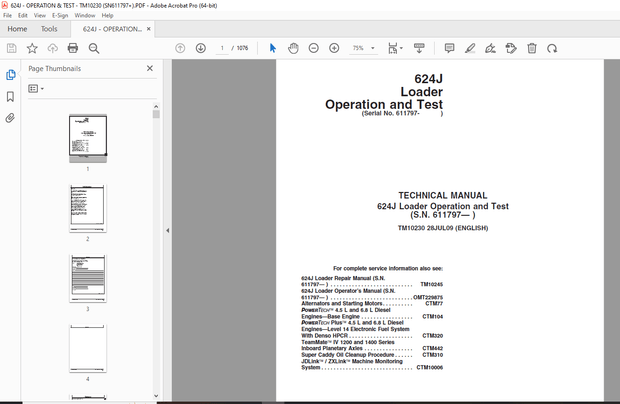 John Deere 624J Loader Operation and Test Technical Manual SN 611797 -  PDF DOWNLOAD