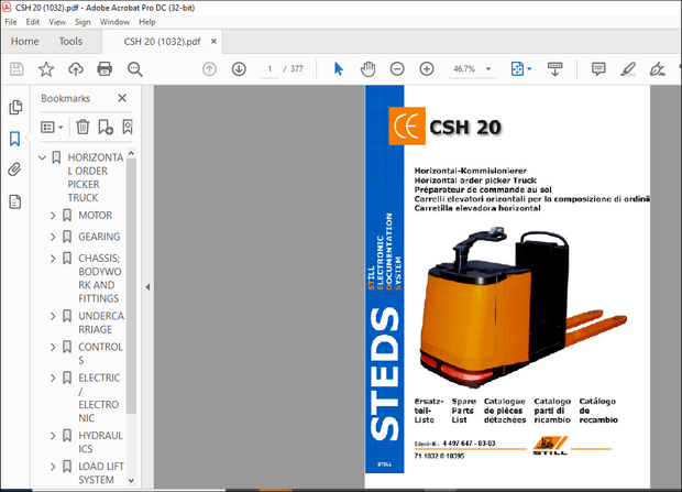 Still CSH 20 Horizontal Order picker Truck Spare Parts List Manual – PDF DOWNLOAD