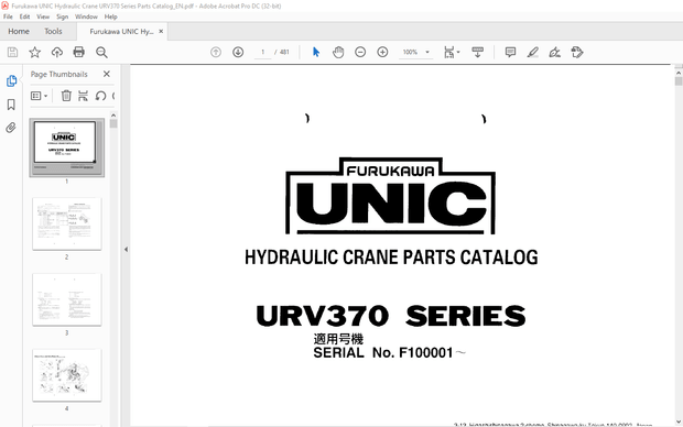 FURUKAWA UNIC HYDRAULIC CRANE URV370 Series Parts Manual SN F100001 PDF DOWNLOAD