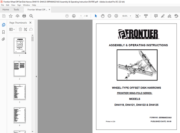 Frontier Wheel Off Set Disk Harrow DH4119,DH4121,DH4122 &amp; DH4125 Assembly &amp; Operating Manual PDF