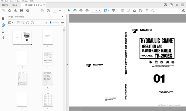 Tadano TR-250EX Hydraulic Crane Operation &amp; Maintenance Manual 530331 – PDF