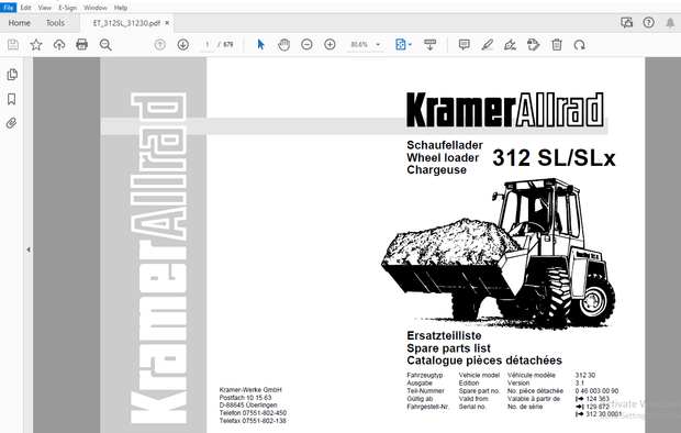 Kramer Allrad 316 S Baggerlader Ersatzteilliste – PDF DOWNLOAD