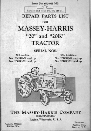 Massey Harris 20 And 20k Tractor Parts Manual 690015m – DOWNLOAD