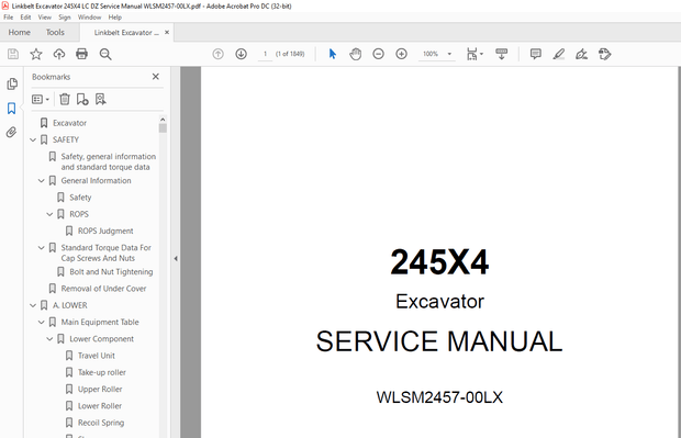 Link Belt Excavator 245X4 WORKSHOP REPAIR MANUAL WLSM2457-00LX - PDF DOWNLOAD