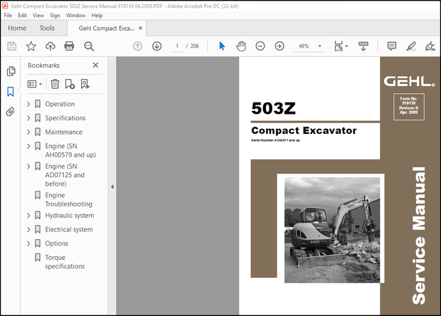 Gehl 503Z Compact Excavator Service Manual 918159 – PDF DOWNLOAD