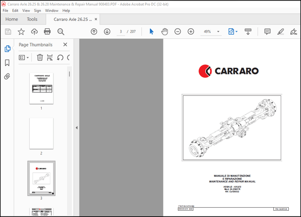 Carraro Axle 26.25 &amp; 26.28 Maintenance &amp; Repair Manual 908483 – PDF DOWNLOAD