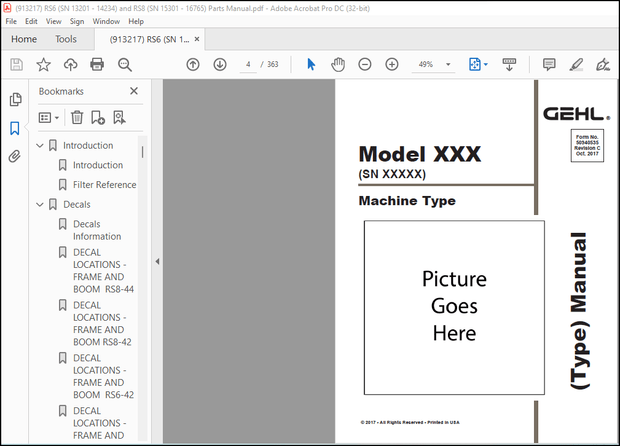 Gehl RS6 RS8  Telescopic Handler Parts Manual(913217) – PDF DOWNLOAD