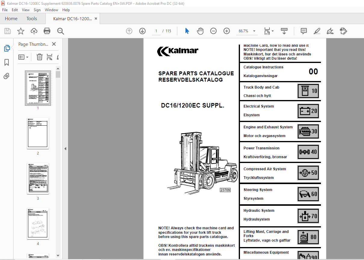 Kalmar Forklift DC161200EC Supplement Spare Parts Catalogue Manual