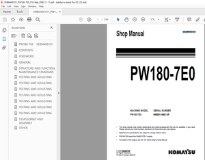 Komatsu Wheel Excavator PW180-7E0 Shop Manual VEBM400101 - PDF DOWNLOAD