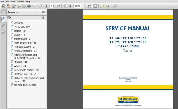 New Holland T7.140,T7.150,T7.165,T7.175,T7.180,T7.195,T7.205 Tractor Service Manual (47402793)