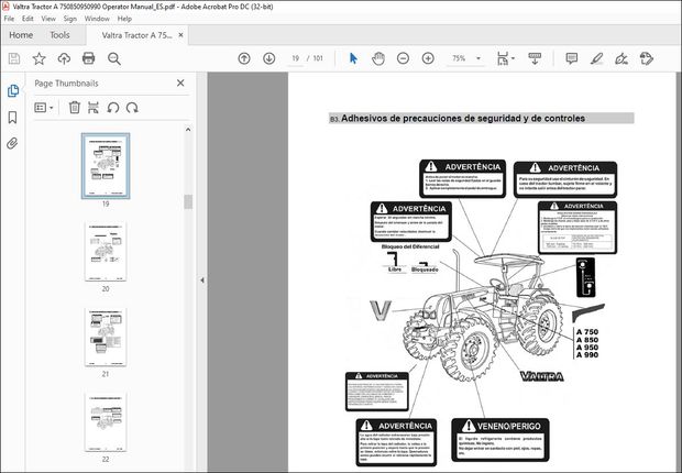 Valtra Tractor A 750 850 950 990 Operator&#x27;s Manual 85929000 – PDF DOWNLOAD (Spanish)