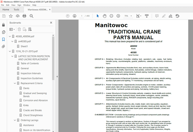 Manitowoc Traditional Crane 4000 Parts Manual SN 40385 – PDF DOWNLOAD