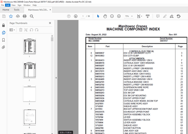 Manitowoc Crane MLC300WB Parts Manual SN 3007017 – PDF DOWNLOAD
