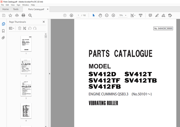 Sakai SV412D SV412T SV412TF SV412TB SV412FB Parts Manual - PDF