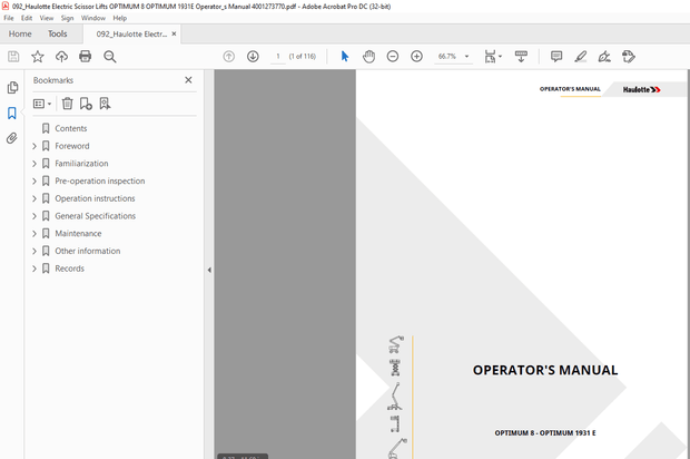 Haulotte Forklift OPTIMUM 8 – OPTIMUM 1931 E Operator’s Manual –  PDF DOWNLOAD