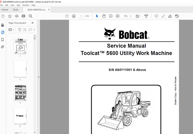Bobcat Toolcat™ 5600 Utility Work Machine Service Manual SN A94Y11001 &amp; Above – PDF DOWNLOAD