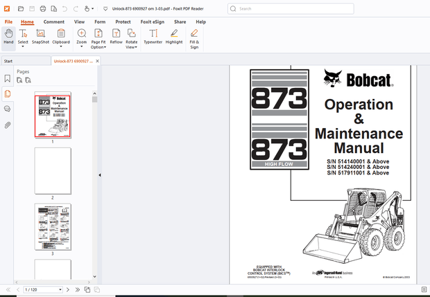 Bobcat 873 High Flow Operation &amp; Maintenance Manual - PDF DOWNLOAD