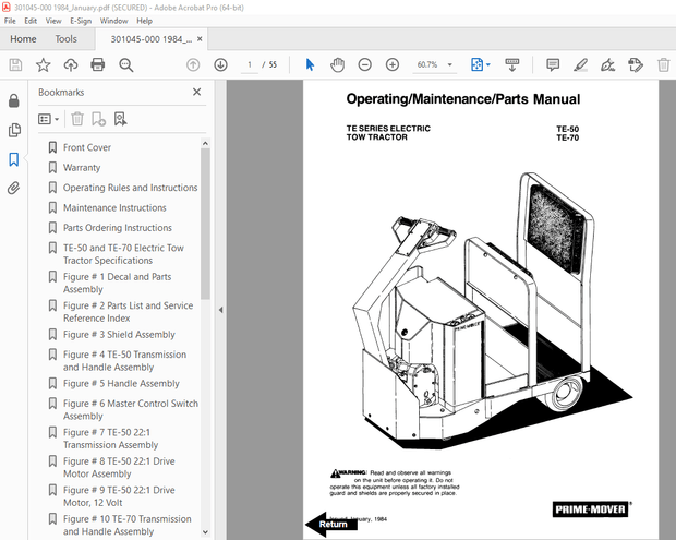BT Prime Mover TE Series TE50 &amp; TE70 Electric Tow Tractor Operating Maintenance &amp; Parts Manual - PDF