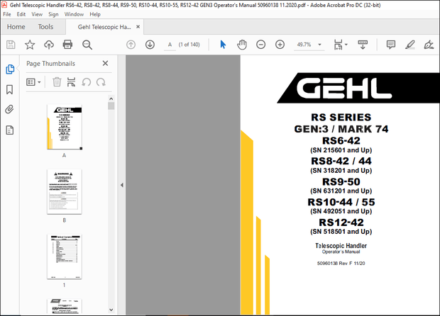 Gehl RS SERIES GEN:3 MARK 74 RS6-42 RS8-42 RS8-44 RS9-50  Handler Operator’s Manual PDF
