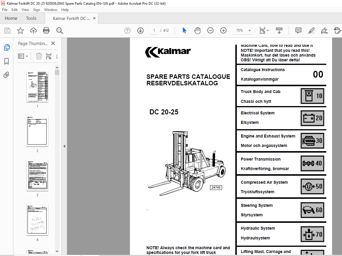 Kalmar Forklift Truck DC 2025 Spare Parts Catalogue Manual 920936.0043