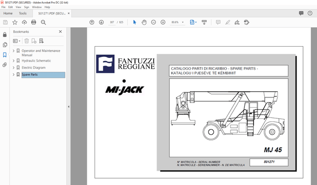 Fantuzzi Reggiane MI-Jack MJ 45 Operator &amp; Parts manual + Electrical &amp; Hydraulic Diagrams Manual 