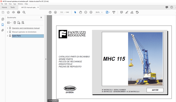 Fantuzzi Reggiane Forklift MHC 115 Mobile Harbour Cranes Operator &amp; Parts Manual  – PDF DOWNLOAD