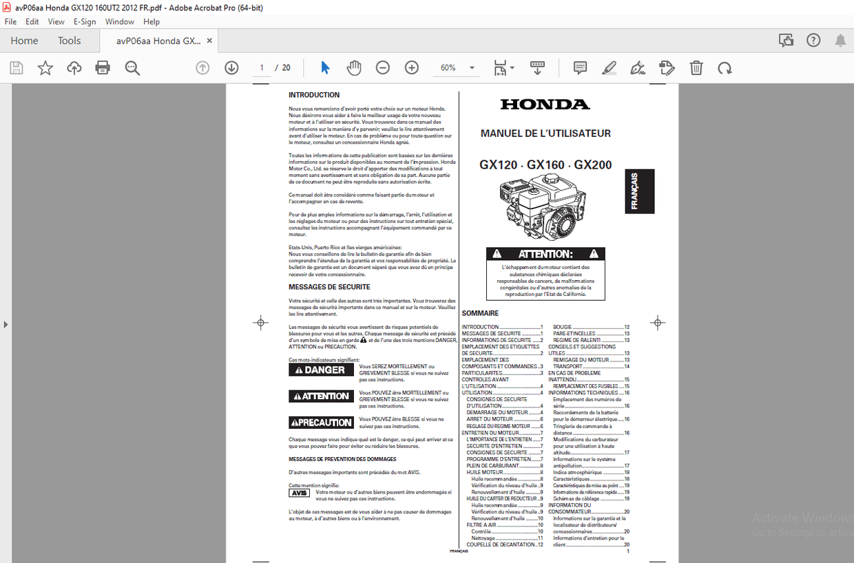 HONDA GX120 GX160 GX200 MANUEL DE L’UTILISATEUR PDF