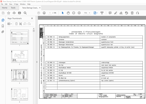 Terex Crane CC8800 1600T Electric Systems &amp; Circuit Diagram PDF Manual EN+DE – DOWNLOAD