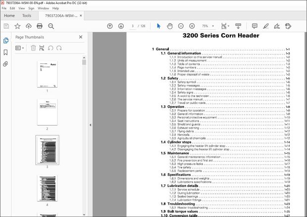 Gleaner NA Harvesting 3200 Series 3206 3206C 3212F 3212FC Corn Header Service Manual 79037206A – PDF
