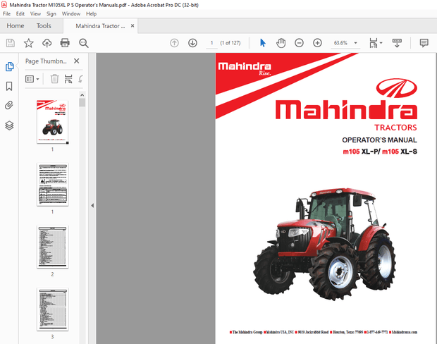 Mahindra Tractor m105 XL-P m105 XL-S Operator’s Manual – PDF DOWNLOAD