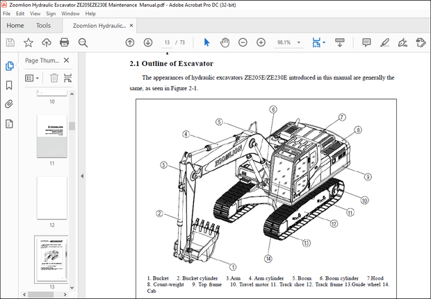 Zoomlion ZE205E ZE230E Hydraulic Excavator Maintenance Manual – PDF DOWNLOAD