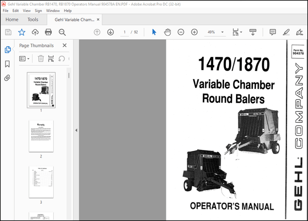 Gehl 1470 1870 Variable Chamber Round Balers Operator’s Manual 904578 – PDF DOWNLOAD