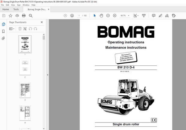 Bomag BW 213 D-4 Single drum roller Operating instructions Maintenance Manual 00812431 PDF 