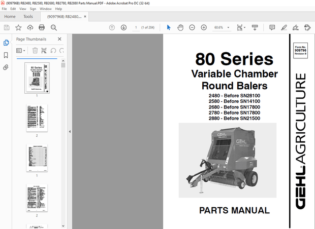Gehl 80 Series Variable Chamber Round Balers 2480 2580 2680 2780 2880 Parts Manual 909796 – PDF 