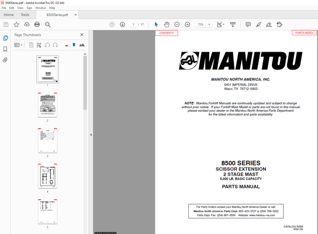 Manitou Forklift 8500 SERIES SCISSOR EXTENSION 2 STAGE MAST Parts Manual – PDF DOWNLOAD