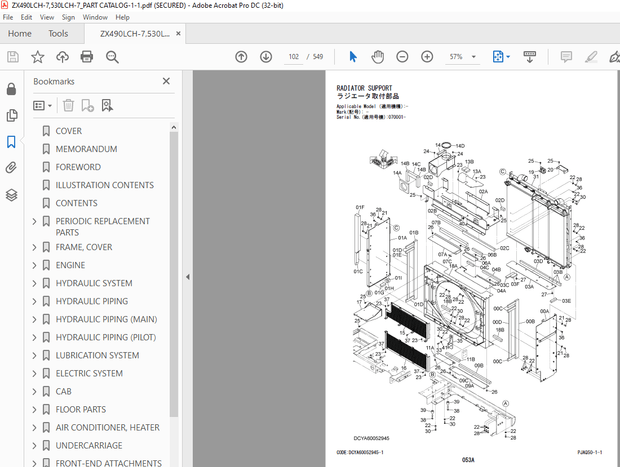 Hitachi 490LCH-7•530LCH-7 Hydraulic Excavator Parts Catalog Manual PN:PJAQ50-1-1