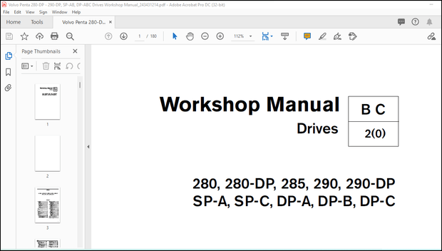 Volvo Penta 280, 280-DP, 285, 290, 290-DP SP-A, SP-C, DP-A, DP-B, DP-C Drives Workshop Manual PDF