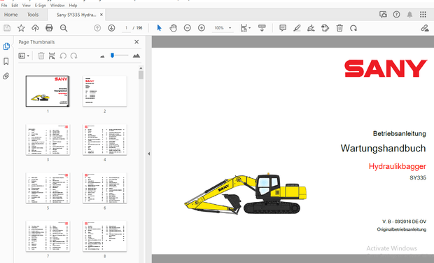 Sany SY335 Hydraulikbagger Betriebsanleitung Wartungshandbuch 03/2016 – PDF DOWNLOAD