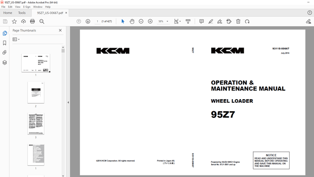 KCM 95Z7 Wheel Loader ISUZU 6WG1 Engine  OPERATION &amp; MAINTENANCE MANUAL - PDF DOWNLOAD